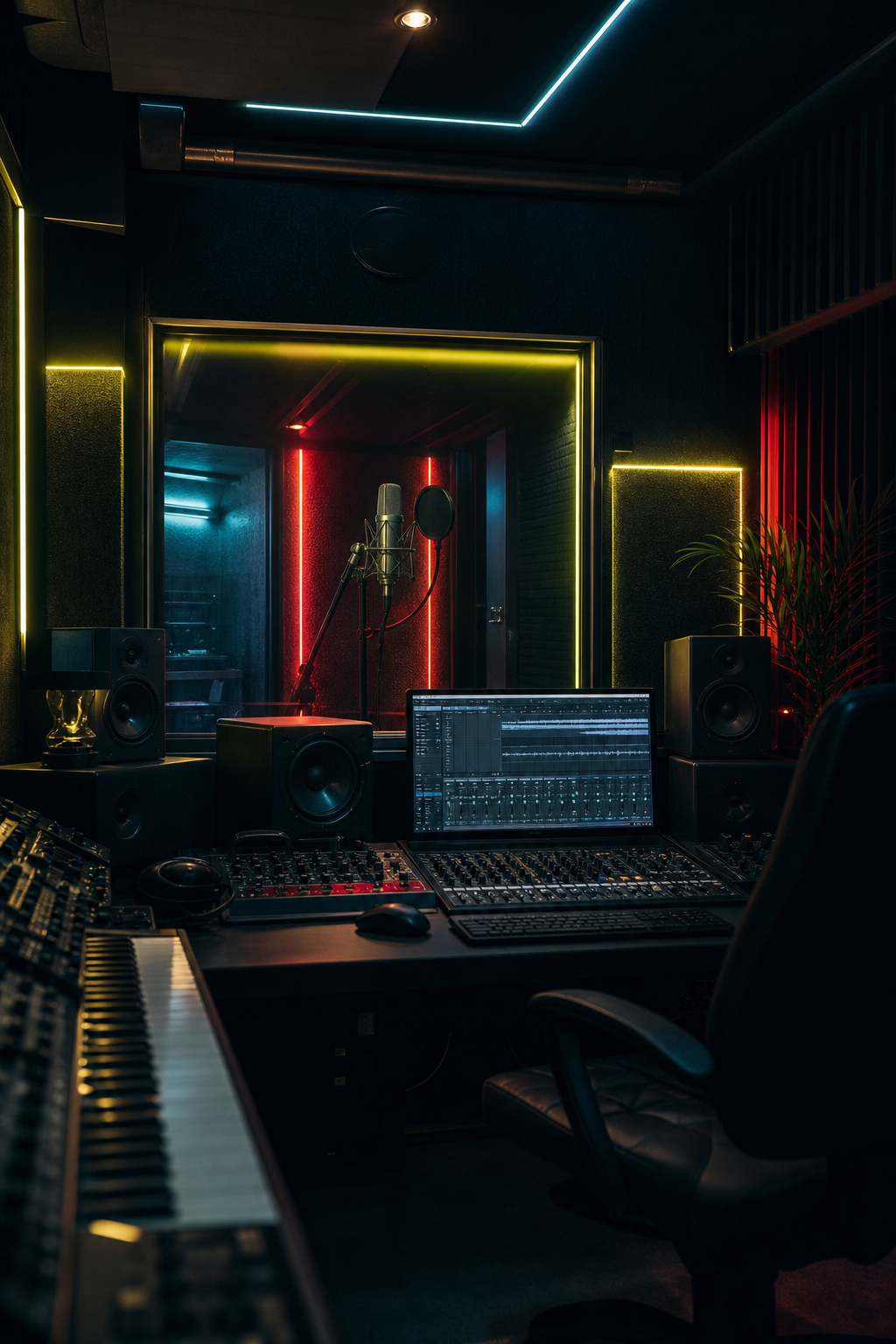 Dunkles Musikstudio mit Mikrofon, Mixing-Desk und atmosphärischem Licht
